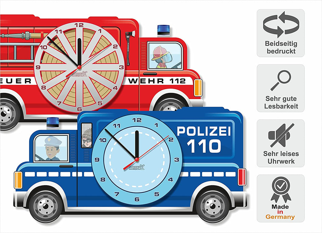 'Feuerwehr/ Polizeiauto' Wanduhr | WWUK02 | beidseitig Bedruckte Wanduhr für Ihr Kinderzimmer